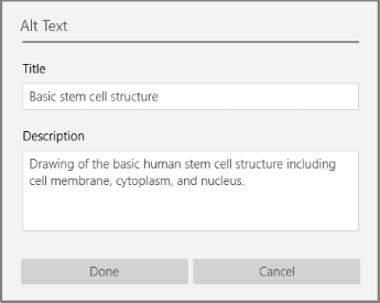 Dialógové okno Alternatívny text na pridanie alternatívneho textu vo OneNote pre Windows 10.