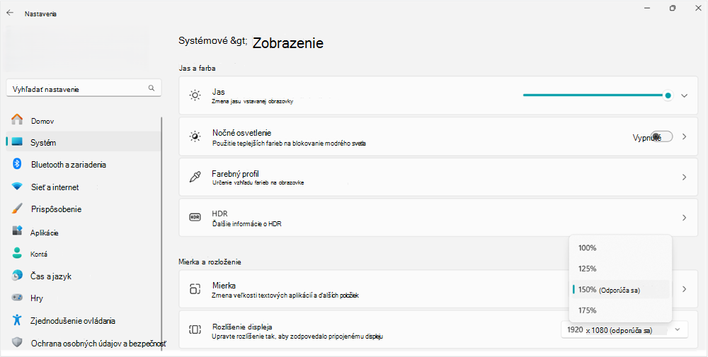 Snímka obrazovky s možnosťou zmeny veľkosti mierky vo Windowse 11