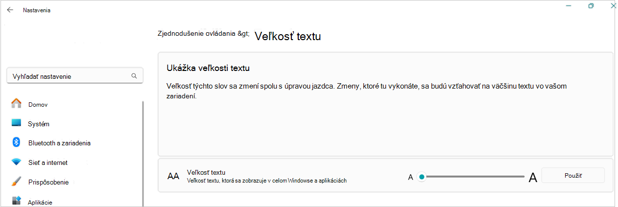 snímka obrazovky zmeny veľkosti textu vo Windowse 11
