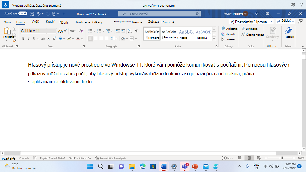 Word document showing the voice access command Veľké začiatočné písmená.