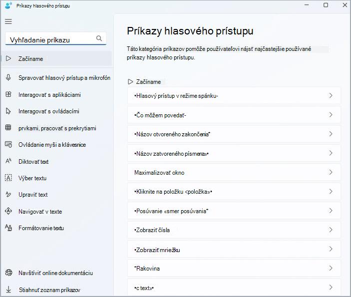 Hlavná stránka Pomocníka s hlasovými príkazmi na prístup.