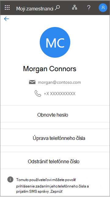Zobrazenie správy, keď je prihlásenie cez telefón podporované v umiestnení v časti Môj personál