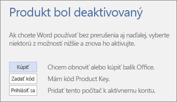 Snímka obrazovky zobrazujúca chybové hlásenie Produkt bol deaktivovaný