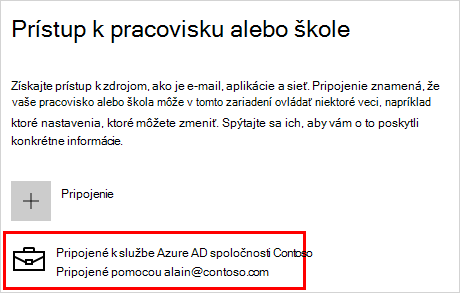 Prístup k pracovnej alebo školskej obrazovke s pripojeným kontom Contoso