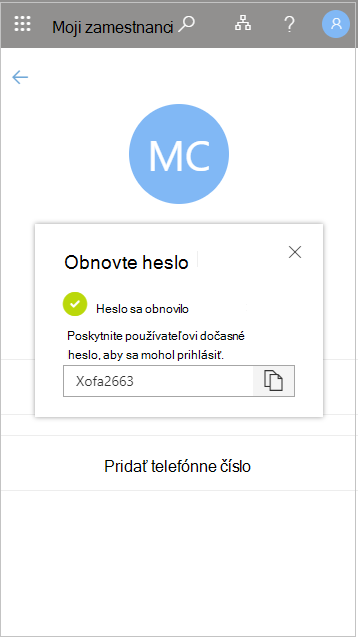 Kopírovanie dočasného hesla používateľa po obnovení osobných zamestnancov