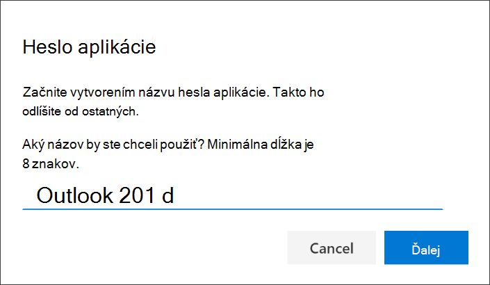 Snímka obrazovky zobrazujúca stránku hesla aplikácie so zadaným názvom aplikácie