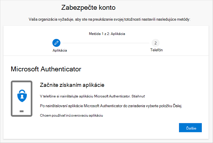 Sprievodca zachovanie zabezpečenia konta so zobrazením stránky na stiahnutie aplikácie Authenticator