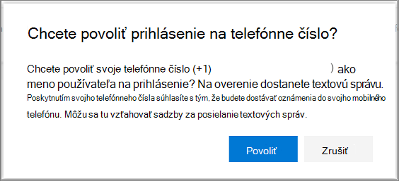 Potvrdzovacie dialógové okno na povolenie prihlásenia sms pre telefónne číslo