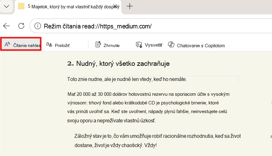 Snímka obrazovky čítania nahlas.