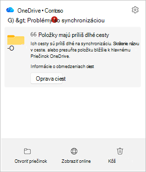 Snímka obrazovky zobrazujúca centrum aktivity služby OneDrive s možnosťou Opraviť cesty.