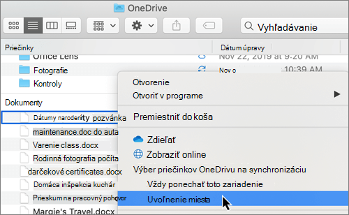 Snímka obrazovky s možnosťami na požiadanie vo OneDrive Files na požiadanie vo Finderi v Macu