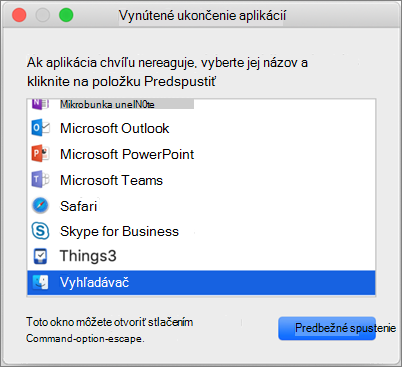 Snímka obrazovky Findera v dialógovom okne Vynútené ukončenie aplikácií v Macu