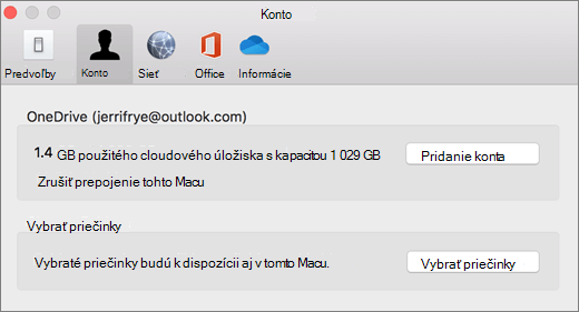 Snímka obrazovky pridávania konta v predvoľbách OneDrivu v Macu