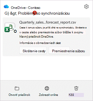 Snímka obrazovky zobrazujúca centrum aktivity vo OneDrive s príznakmi pre položku, ktorej cesta je príliš dlhá, a tlačidlami Skrátiť cestu a Premiestniť súbor.