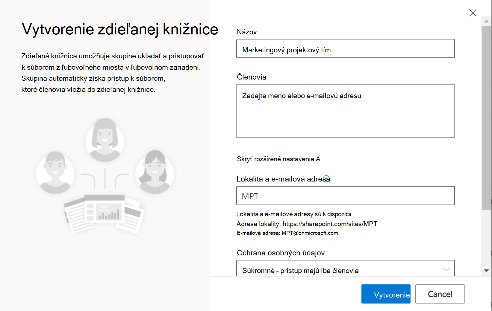 Zobrazuje stránku Vytvorenie zdieľanej knižnice s možnosťami na posúvanie na pravej strane.