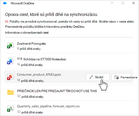 Snímka obrazovky zobrazujúca zoznam ciest k súborom vo OneDrive.