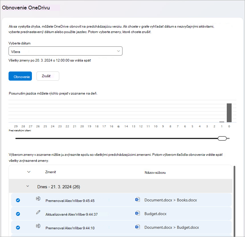 Obnovenie aktivity súborov vo OneDrive.