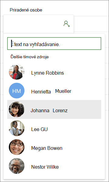 Stĺpec Priradené k v Projecte so zobrazením vyhľadávania mena