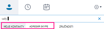 Keď začnete písať do vyhľadávacieho poľa Skypu for Business, nižšie uvedené karty sa zmenia na Moje kontakty a Adresár Skype.