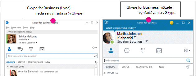Súbežné porovnanie stránky kontaktov Skypu for Business a stránky Skypu for Business (Lyncu)
