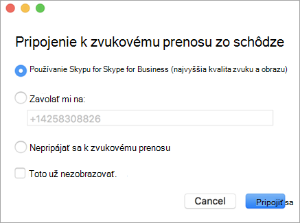 Príklad dialógového okna Pripojenie k zvukovému prenosu zo schôdze