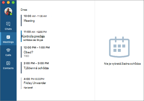 Hlavné okno Skype for Business pre Mac
