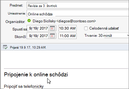 Snímka obrazovky s dialógovou oknom schôdze zobrazujúca prepojenie Pripojiť sa k online schôdzi.