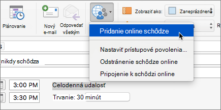 Snímka obrazovky so žiadosťou o schôdzu a vybratou položkou Pridať online schôdzu na páse s nástrojmi.