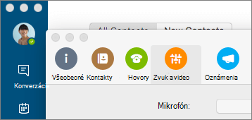 Snímka obrazovky predvolieb Skype for Business s vybratou tablou Zvuk/video.