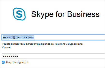 Snímka obrazovky s prihlasovacou obrazovkou Skypu for Business.