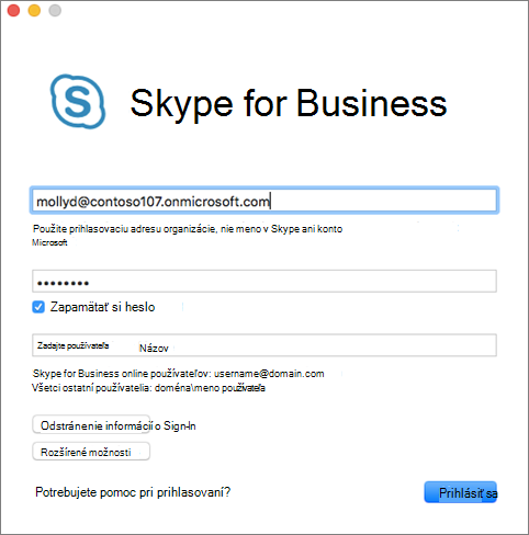 Prihlasovacia obrazovka Skype for Business pre Mac