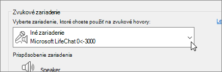 Snímka obrazovky s rozbaľovacou ponukou zvukového zariadenia v dialógovom okne Nastavenia zvukového zariadenia.