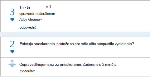 Zobrazenia moderátora na paneli funkcie Q&A