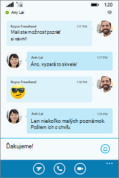 Nový Skype for Business pre vzhľad a prostredie Windows Phonu – okno konverzácie