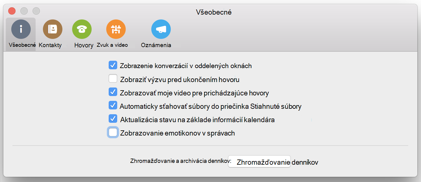 Začiarkavacie políčko Zobrazovať emotikony v správach na stránke Všeobecné v predvoľbách