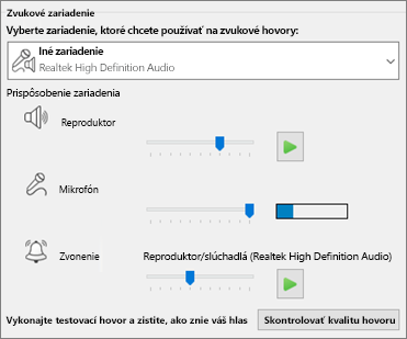 Prispôsobené nastavenia – reproduktor, mikrofón, zvonenie – pre zvukové zariadenie