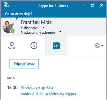 Snímka obrazovky s kartou Schôdze v okne Skypu for Business.