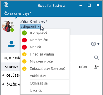 Snímka obrazovky s oknom Skypu for Business s otvorenou ponukou Stav.