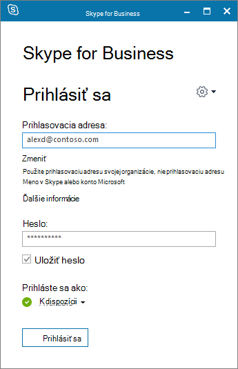 Snímka obrazovky s prihlasovacou obrazovkou Skypu for Business.