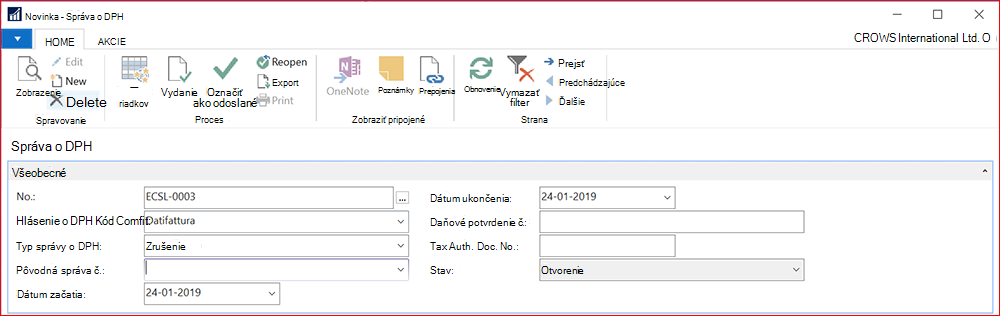 Snímka obrazovky s novou správou o DPH