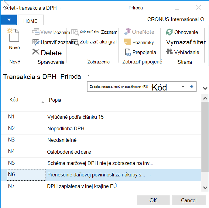 Snímka obrazovky okna Prirodzenosť transakcie DPH