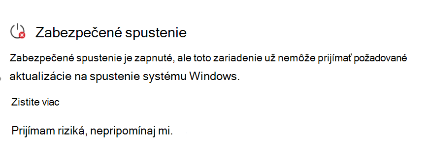 Časť Zabezpečené spustenie zobrazujúca stav Vyžaduje akciu s červenou ikonou zastavenia.