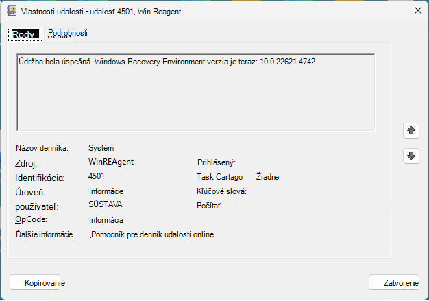 Vlastnosti udalosti WinRE