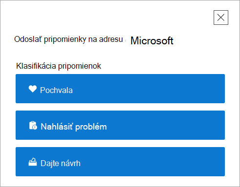 Stránka najvyššej úrovne Poskytnúť pripomienky v aplikácii Získať pomoc.
