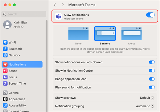 Nastavenia systému Mac povoľujú oznámenia aplikácie Microsoft Teams