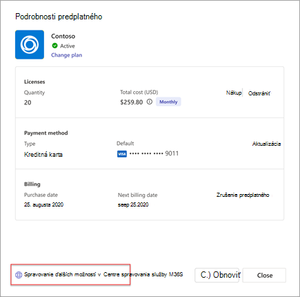 Snímka obrazovky s podrobnosťami o predplatnom aplikácie Teams (používateľ).