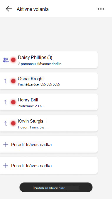 Snímka obrazovky zobrazujúca zdieľanú linku, ktorá bola priradená klávesu linky, členov zdieľanej linky a stav ich hovoru.