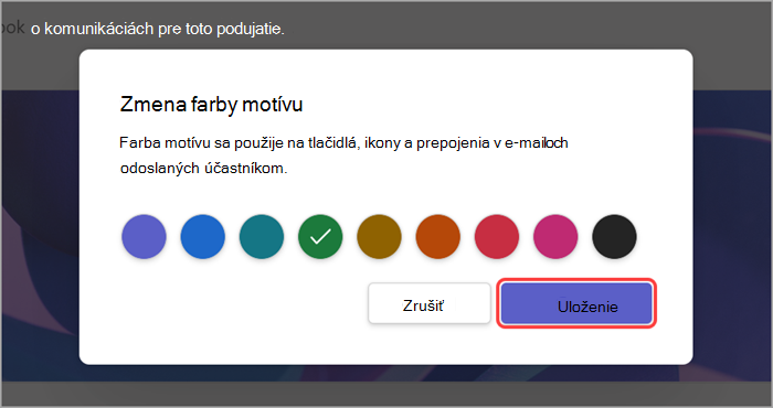 Snímka obrazovky so zvýrazneným používateľským rozhraním zobrazujúca, ako zmeniť farbu motívu stretnutia so zamestnancami