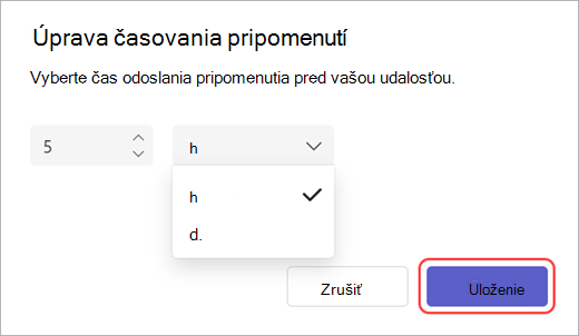 Snímka obrazovky s editorom času odoslania e-mailu s pripomenutím v Teams.