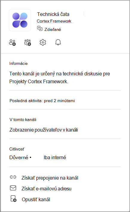 Snímka obrazovky s kartou kanála. Ukázaním na názov kanála zobrazíte kartu kanála.